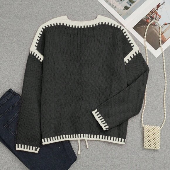 Black Casual Women's Drop Shoulder Knitted Cardigan - Picture 2 of 3